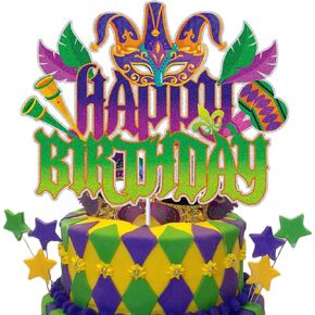 Happy Birthday Cake Topper Green Purple Glitter Cake Decorations Masquerade Mask New Orleans Carnival Boys Girl Mardi Gras Party Themed Birthday Party Supplies