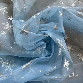 Snowflake Silver Foil Organza Fabric, Sheer Fabric ，Fabric by The Yard Snowflake Tablecloth Christmas Gift Wrapping Birthday Wedding Party Decorations DIY Sewing Crafts (Blue (1 Yards))