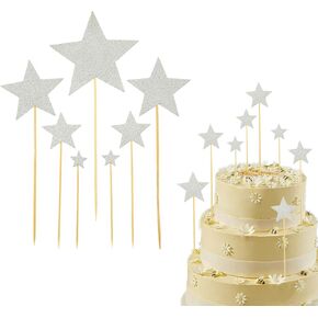 21 Pcs Star Cake Toppers, Pentagram Star Birthday Decorations Sparkling Stars Cake Plugin Elegant Star Cake Topper for Happy Birthday Partyor Celebration（Silver）