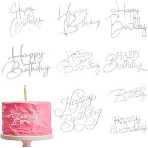 9 PCS Silver Happy Birthday Cake Topper, Acrylic Happy Birthday Cake Topper, Can Be Used Again After Cleaning, For Cupcake Decorations on the Sides of Cake (Silver)