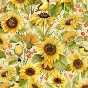 Wilmington Sunflower Splendor 83327 257 Cream Sunflowers & Birds Cotton Fabric