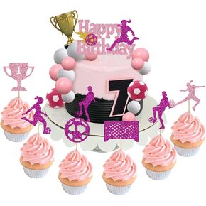Glitter Pink Soccer Cake Toppers Women Girl Football Cake Decorations Sports Theme Cupcake Picks for Soccer Party Decoration