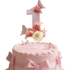 Coucoland 1st Birthday Cake Topper - 3D Floral Butterfly Glitter Cake Decorations for Wedding Anniversary & Birthday Party