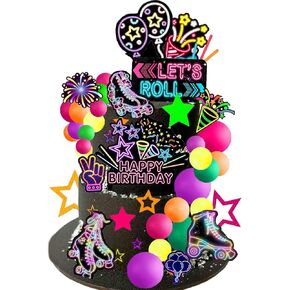 51PCS Roller Skate Cake Topper Retro Hip Hop Theme Cake Toppers Roller Skating Cake Decoration 80s & 90s Hip Hop Birthday Supplies Disco Ball Cake Decorations