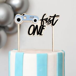 Fast One Race Car Cake Topper – 5.3" Wooden 1st Birthday Decoration for Racing-Themed Parties, Vintage Blue Racing Car Birthday Cake Decor