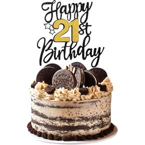 Happy 21st Birthday Cake Topper, Glitter 21st Birthday Cake Decorations for Birth Day Anniversary Party Supplies (Black, Gold)
