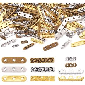 Pandahall 150Pcs 3-Holes Rectangle Spacer Bar Metal Beads 4 Styles Tibetan Multi Strand Separator Link End Bar Mixed Colors for Jewelry Making