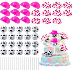 Max Shape 48Pcs Disco Cowgirl Cake Decoration,12Pcs Disco Ball Cupcake Toppers 12Pcs Mini Pink Cowgirl Hats Cow Print Cowboy Hats Westen Cowgirl Party Birthday Table Decor (48Pcs new pink cow)