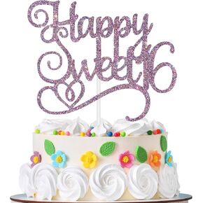 Happy Sweet 16 Cake Topper, Sweet 16 Birthday Decorations, Happy 16th Birthday Decorations for Girls/Boys Purple Glitter
