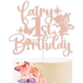 Fairy 1st Birthday Cake Topper, Fairy First Birthday Decorations Baby Shower Bday Party Decor, Rose Gold Glitter