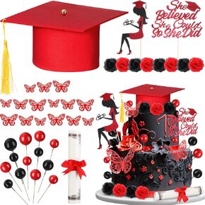 Boao 36 Pcs Graduation Cake Decorations Congrats Grad Cake Toppers Class of 2025 Cap Diploma She Believed She Could Rose Butterfly Decor for Girls 2025 Graduation Party Supplies(Pink)