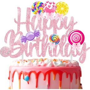 Candy Birthday Cake Topper Lollipop Birthday Party Supplies Pink Glitter Candyland Birthday Cake Decorations for Girl Candy Theme Baby Shower Birthday Party Supplies