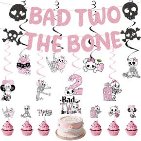 Bad 2 the Bone Party Decorations Girl, Cute Gothic 2nd Birthday Party Supplies with Banners Cake Topper Cupcake Toppers Hanging Swirls, 2 Year Old Girl Birthday Decor