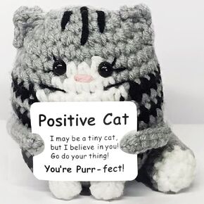 Positive Crochet Cat Mini Animal Emotional Support Crochet Cat Handmade Knitted Crochet Animals Gift Idea,Handmade Funny Mini Birthday Cute Cat Decor for Women Men Mom Daughter Son Friends