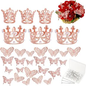 80 PCS Flower Bouquets Accessories including 6Pcs Mini Gold Crowns with 24Pcs Butterflies Decoration and 50Pcs Flower Pins for Valentine's Day Wedding Birthday Cake Toppers Decor