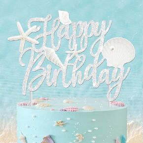 Beach Shell Birthday Cake Topper Seashell Starfish Conch Theme Decorations Silver Glitter Beach Seashell Party Happy Birthday Cake Topper for Coastal Ocean Sea Birthday Party Baby Shower Supplies