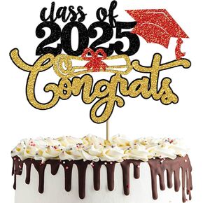 Congrats Class of 2025 Cake Topper - Black Red Glitter Congrats Grad Senior High School/University Graduation/College/So Pround of You/2025 Graduation Party Cake Supplies Decorations