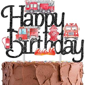 Firetruck Theme Happy Birthday Cake Topper Fire Truck Design Cake Topper for Firefighter Fireman Birthday Party Decorations Baby Shower Supplies