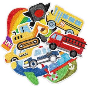 9Pcs Car Iron on Patches Cartoon Transportation Engineering Vehicle Traffic Light Sew on Repair Embroidered Applique DIY Craft Accessories Gifts for Toddlers Kids Boys Clothing Backpack Hat