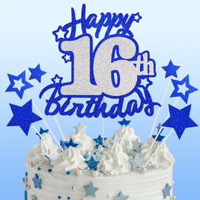 Happy 16th Birthday Cake Topper Decoration Blue Silver Glitter Age Years Toppers Sweet 16 Year Old Party Decor Celebration Cupcake Toppers