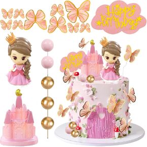 Princess Cake Topper Pink Princess Castle Cake Decorations Butterfly Balls Happy Birthday Cakes Cupcake Toppers for Girls Pink Sweet Bow Themed Birthday Wedding Party Decor