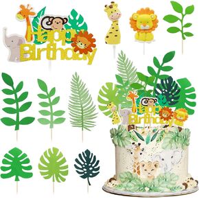 Jungle Safari Animal Cake Topper Jungle Happy Birthday Cake Decorations Wild One Lion Giraffe Palm Leaves Cakes Picks for Safari Animals Themed Birthday Baby Shower Two Wild Party Decor - 10 Pcs