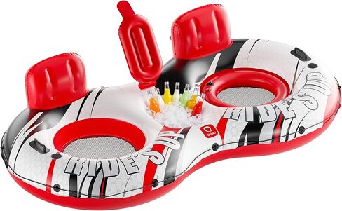 QPAU Inflatable Double River Tube, 2 Person 660lb Capacity, Puncture-Resistant 93" Sturdy Heavy Duty River Float, River Raft with Ergonomic Backrest, Cooler & Cup Holders for Family in Kuwait