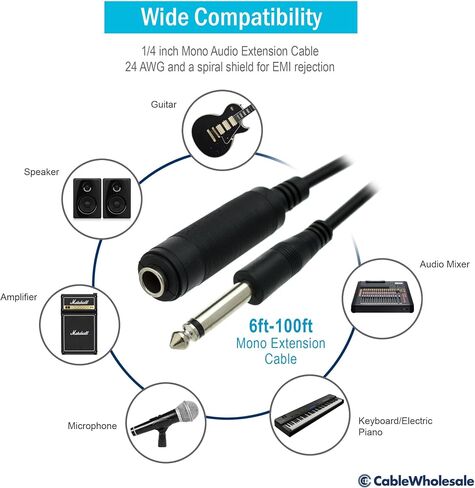 1/4 Inch Mono Extension Cable, 6 feet 1/4" Male to 1/4" Female Plug for Electric Instruments (Guitar, Keyboard, Amplifier, Speakers, Synthesizers) in Saudi Arabia
