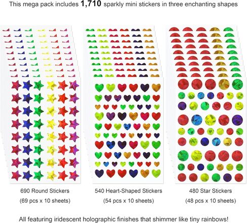1710 Pcs Holographic Rainbow Stickers Sparkly Small Star Sticker, Varying Sizes Heart and Round Shaped for Kids Reward, Behavior Chart, Student Journal Decoration and School Classroom Teacher in Saudi Arabia