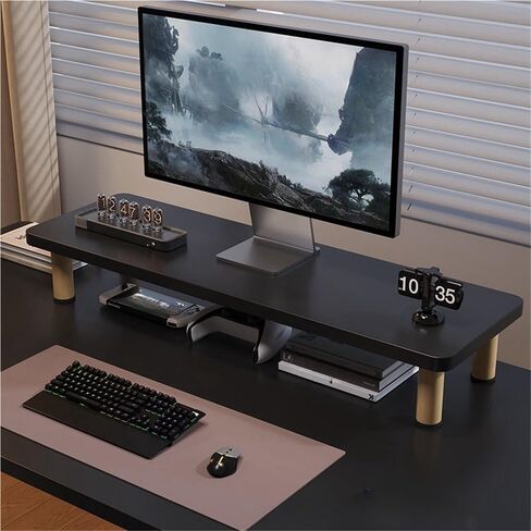 Wooden Monitor Stand Riser, Adjustable Desktop Shelf with Removable Legs, Fits Computer, Laptop, Printer, TV - Black 23.6" x 7.9" x 4.1" for Ergonomic Workspace in Saudi Arabia