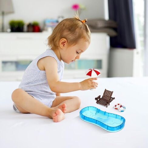 مجموعة شاطئ مصغرة من 5 ، حمام سباحة مصغرة مع المظلات والكراسي ، محاكاة شاطئ الديكور دمية للأطفال. in Kuwait