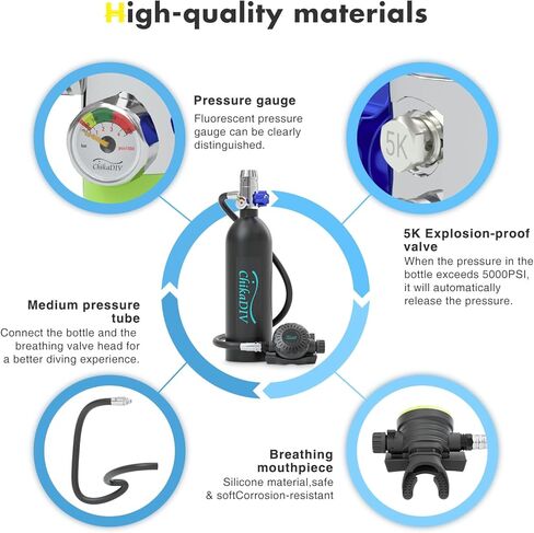 CHICADIV C400 خزان سكوبا صغير قابل لإعادة الملء أسطوانة الأكسجين بسعة 1 لتر مع معدات غوص تحت الماء لمدة 15-20 دقيقة للغواص معدات الغوص والغطس المحمولة C5 أخضر in Kuwait