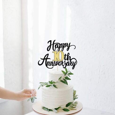Gold Glitter 10th Wedding Anniversary Cake Topper - For 10 years Anniversary Party & Birthday Decorations (10) in Saudi Arabia