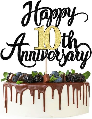 Gold Glitter 10th Wedding Anniversary Cake Topper - For 10 years Anniversary Party & Birthday Decorations (10) in Saudi Arabia