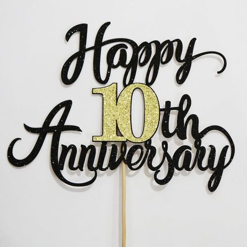 Gold Glitter 10th Wedding Anniversary Cake Topper - For 10 years Anniversary Party & Birthday Decorations (10) in Saudi Arabia