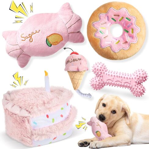 Blosssound 5 Pack Dog Birthday Toy Set Puppy Plush Squeaky Dogs Birthday Gifts Puppy Stuffed Chew Toys Cute Cake Candy Donut Ice Cream Bone Shape for Small Medium Large Breed Pet Supplies(Pink Girl) in Saudi Arabia