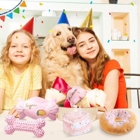 Blosssound 5 Pack Dog Birthday Toy Set Puppy Plush Squeaky Dogs Birthday Gifts Puppy Stuffed Chew Toys Cute Cake Candy Donut Ice Cream Bone Shape for Small Medium Large Breed Pet Supplies(Pink Girl) in Saudi Arabia