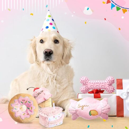 Blosssound 5 Pack Dog Birthday Toy Set Puppy Plush Squeaky Dogs Birthday Gifts Puppy Stuffed Chew Toys Cute Cake Candy Donut Ice Cream Bone Shape for Small Medium Large Breed Pet Supplies(Pink Girl) in Saudi Arabia