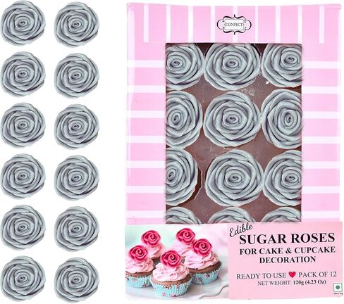 Confect Metallic Edible Lumniscent Pearl Roses | Edible Christmas Cupcake Toppers | Edible Flower For Cake Decorating | Edible Metallic Sugar - Soy-Free, Dairy-Free, Palm Oil-Free -Pack of 12 in Saudi Arabia