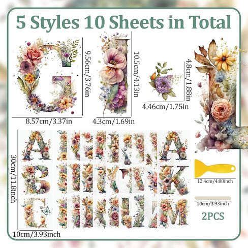 WANDIC 10 Sheets English Alphabet Flowers Rub On Transfer Stickers Furniture Decals Waterproof Stickers for DIY Crafts Present Bouquet Decoration, 10 * 30cm in Saudi Arabia