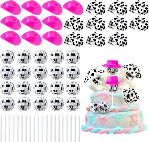 Max Shape 48pcs ديسكو ديسكو رعاة البقر الديكور ، 12pcs ديسكو الكرة كب كيك Topcake 12pcs القبعات الوردية الوردي القبعات البقر بقعة رعاة البقر القبعات Westen Cowgirl Party Table Decor in Kuwait
