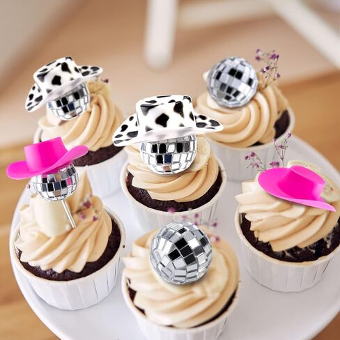 Max Shape 48pcs ديسكو ديسكو رعاة البقر الديكور ، 12pcs ديسكو الكرة كب كيك Topcake 12pcs القبعات الوردية الوردي القبعات البقر بقعة رعاة البقر القبعات Westen Cowgirl Party Table Decor in Kuwait
