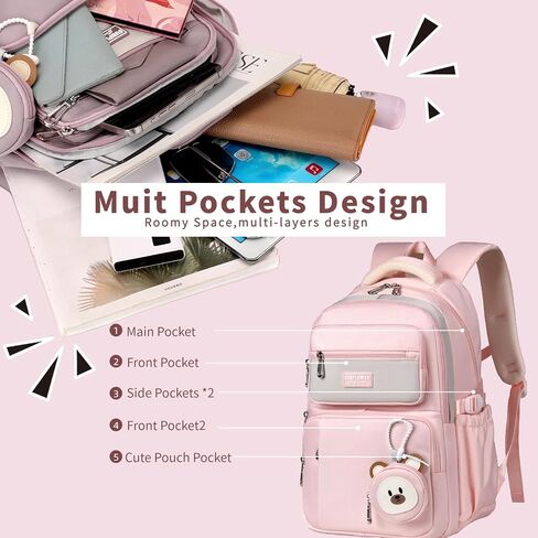 Leaper Preppy Backpack for Teens : 18.5 inch Bookbag Multi-pocket for School Daily -Water Resistant Anti Theft Middle Highschool Student - Aged 10-16 - Gifts for Girls and Kids(Pink) in Kuwait