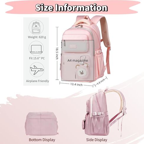 Leaper Preppy Backpack for Teens : 18.5 inch Bookbag Multi-pocket for School Daily -Water Resistant Anti Theft Middle Highschool Student - Aged 10-16 - Gifts for Girls and Kids(Pink) in Kuwait