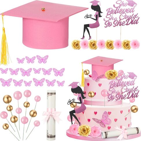 Boao 36 Pcs Graduation Cake Decorations Congrats Grad Cake Toppers Class of 2025 Cap Diploma She Believed She Could Rose Butterfly Decor for Girls 2025 Graduation Party Supplies(Pink) in Saudi Arabia