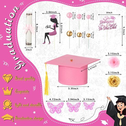Boao 36 Pcs Graduation Cake Decorations Congrats Grad Cake Toppers Class of 2025 Cap Diploma She Believed She Could Rose Butterfly Decor for Girls 2025 Graduation Party Supplies(Pink) in Saudi Arabia
