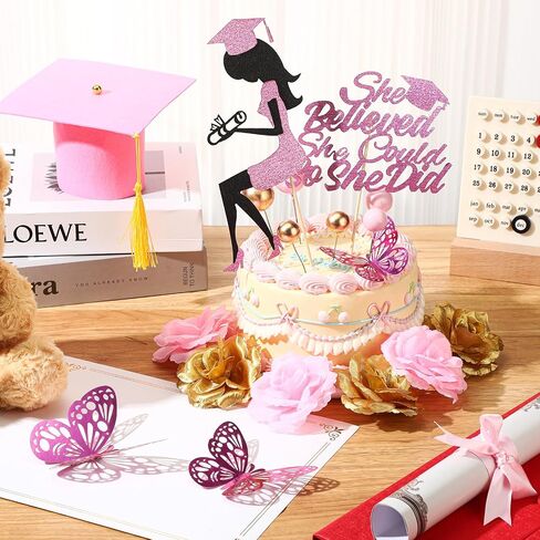 Boao 36 Pcs Graduation Cake Decorations Congrats Grad Cake Toppers Class of 2025 Cap Diploma She Believed She Could Rose Butterfly Decor for Girls 2025 Graduation Party Supplies(Pink) in Saudi Arabia