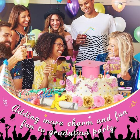 Boao 36 Pcs Graduation Cake Decorations Congrats Grad Cake Toppers Class of 2025 Cap Diploma She Believed She Could Rose Butterfly Decor for Girls 2025 Graduation Party Supplies(Pink) in Saudi Arabia
