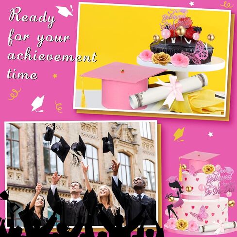 Boao 36 Pcs Graduation Cake Decorations Congrats Grad Cake Toppers Class of 2025 Cap Diploma She Believed She Could Rose Butterfly Decor for Girls 2025 Graduation Party Supplies(Pink) in Saudi Arabia