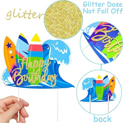 Surfing Cake Topper Decorations Surfer Birthday Party Decorations Glitter Surfboard Happy Birthday Cake Topper for Beach Surfing Hawaii Luau Theme Birthday Party Baby Shower Cake Decorations in Saudi Arabia